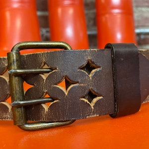 70s Perforated Tabacco Leather Two Prong Buckle Belt image 7