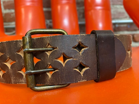 70s Perforated Tabacco Leather Two Prong Buckle B… - image 7