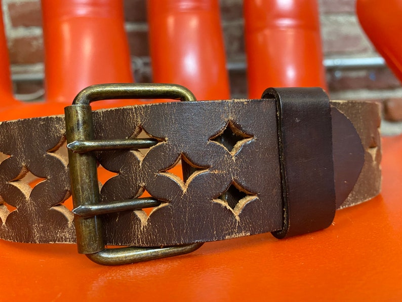 70s Perforated Tabacco Leather Two Prong Buckle Belt image 7