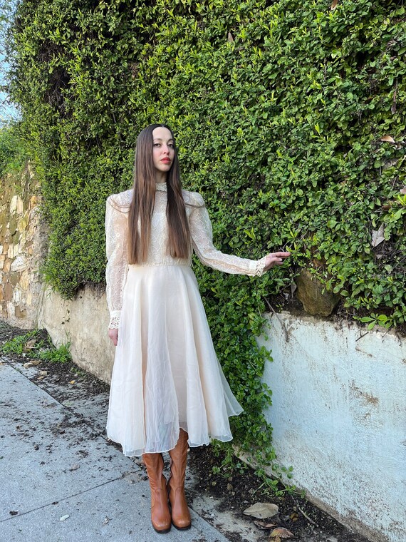 70s Romantic Victorian Chiffon Dress with Sheer Lace Puff Sleeves