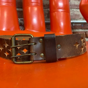 70s Perforated Tabacco Leather Two Prong Buckle Belt image 9