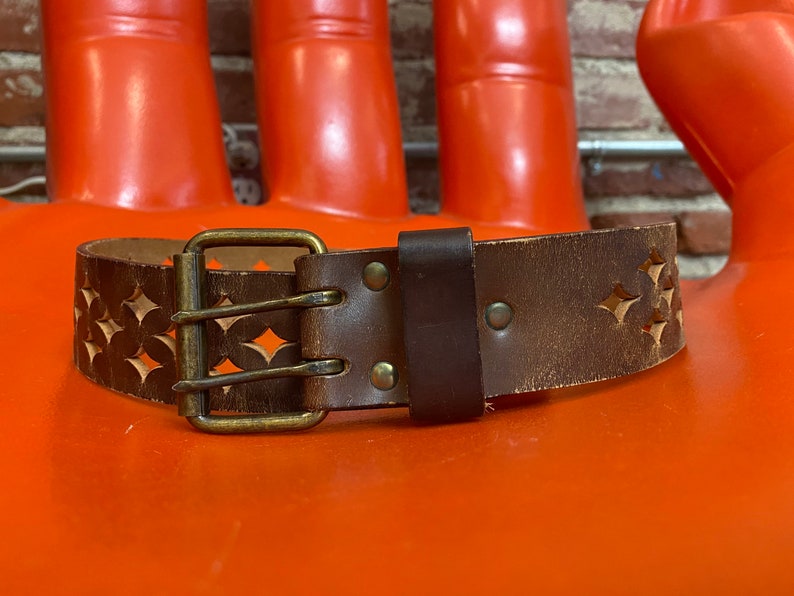 70s Perforated Tabacco Leather Two Prong Buckle Belt image 9