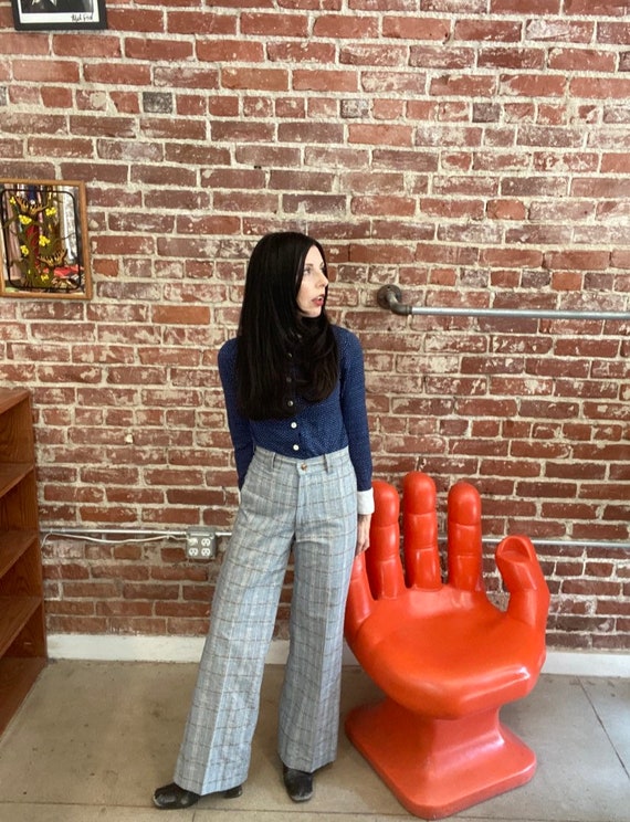 70s Plaid High Waist Wide Leg Seersucker Flares