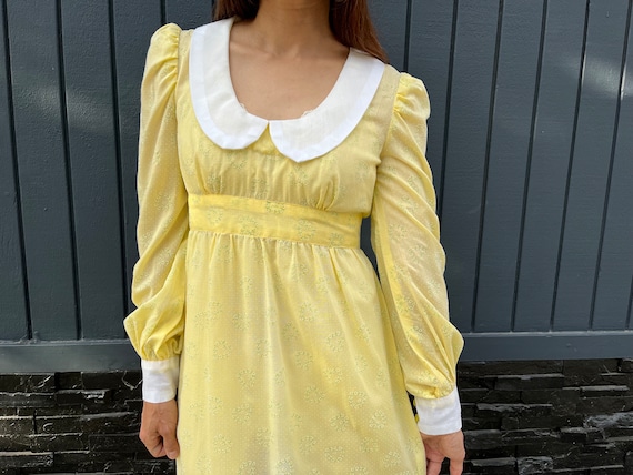 70s Flocked Yellow Peter Pan Collar Sheer Gown - image 4