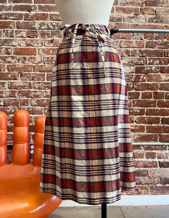 70s Plaid Raw Cotton Wrap Skirt by The Villager