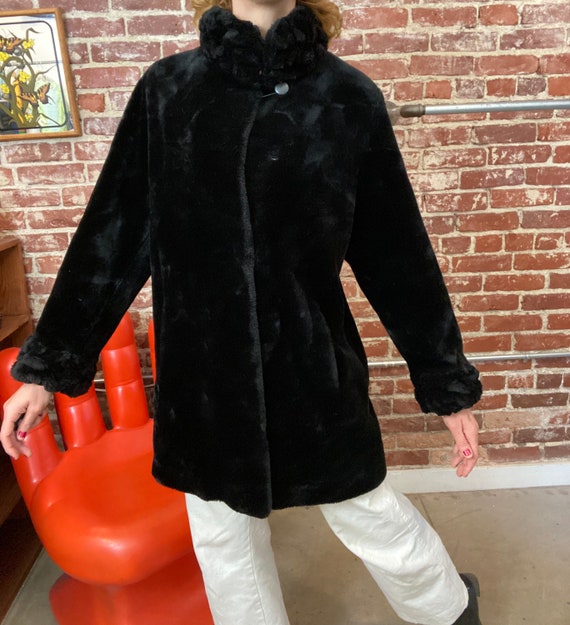 70s Inky Black Faux Fur Coat