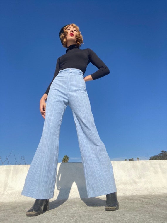 70s Seersucker High Waisted Wide Leg Flares