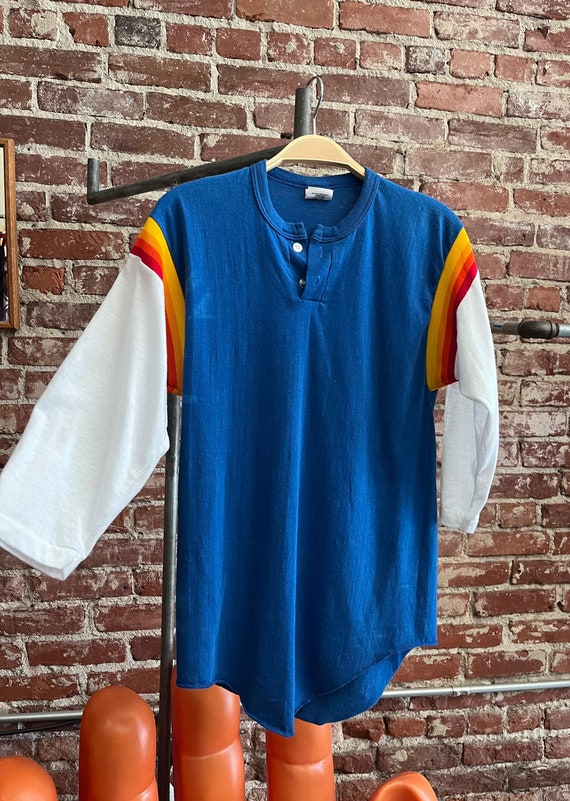 70s Rainbow Striped Unisex Henley Tee