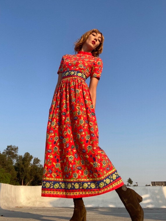 70s Red Cotton Botanical Floral Gown