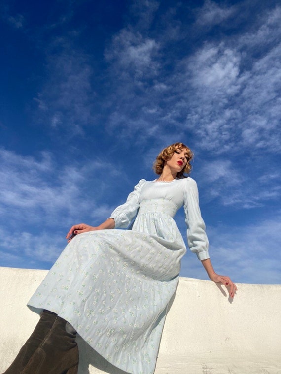70s Powder Blue Puff Sleeve Prairie Gown With Floc