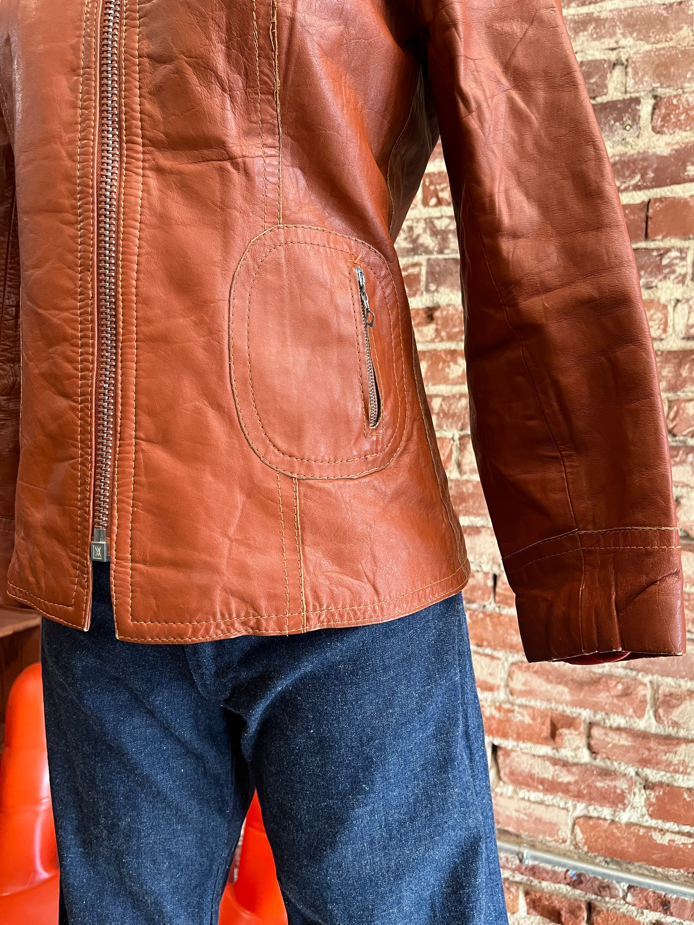 70s Rounded Collar Leather Zip up Jacket - Etsy