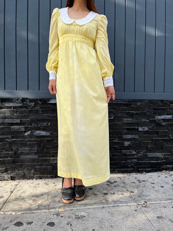 70s Flocked Yellow Peter Pan Collar Sheer Gown - image 3