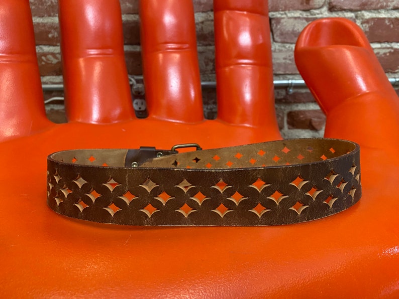 70s Perforated Tabacco Leather Two Prong Buckle Belt image 8