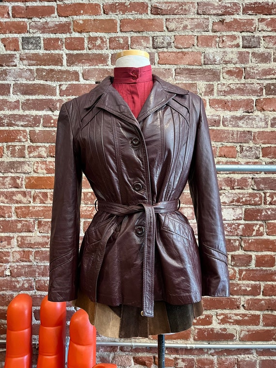 70s Oxblood Leather Belted Jacket with Removable … - image 1