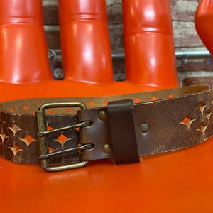 70s Perforated Tabacco Leather Two Prong Buckle Belt image 6