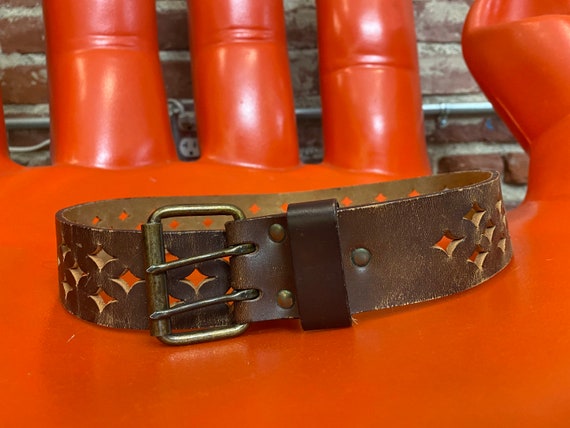 70s Perforated Tabacco Leather Two Prong Buckle B… - image 6