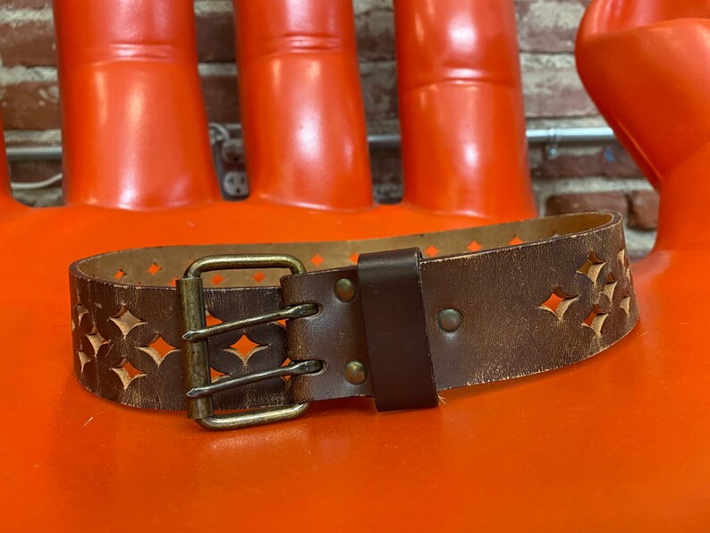 70s Perforated Tabacco Leather Two Prong Buckle Belt image 6
