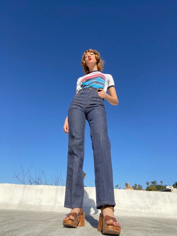 70s Ultra High Waisted Dark Denim Straight Leg Jea