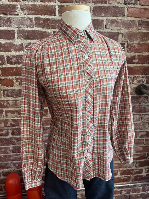 70s Red Plaid Metallic Long Sleeve Blouse - image 6