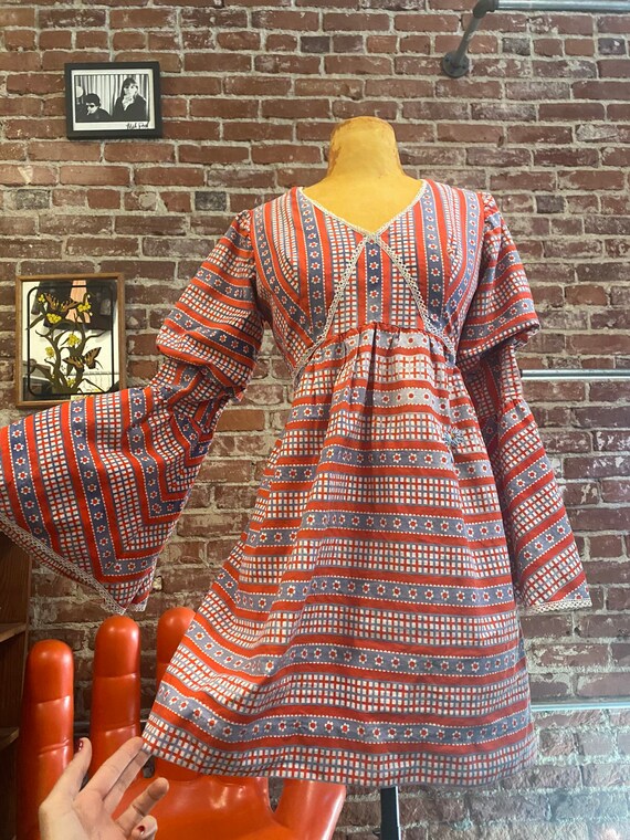 70s Red White & Blue Daisy Cotton Mini Dress With