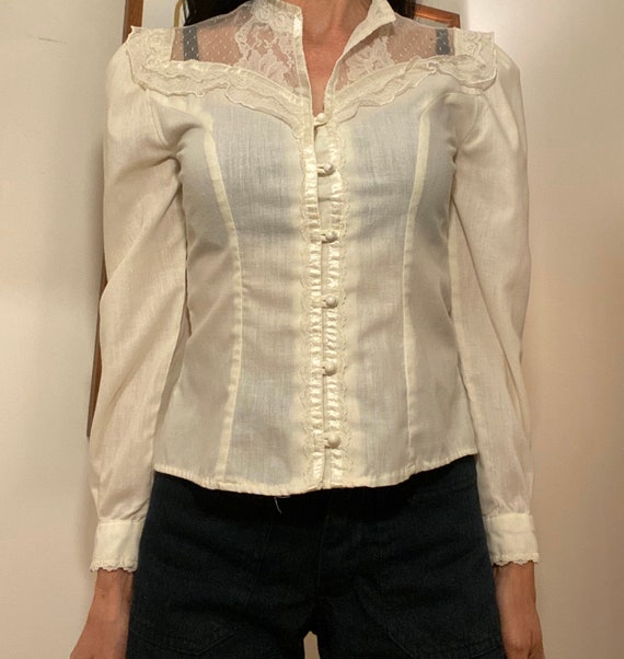 70s Victorian Ivory Cotton Blouse Size Small