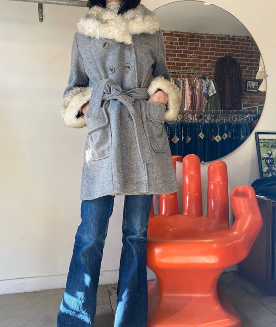70s Wool Faux Fur Trimmed Belted Coat