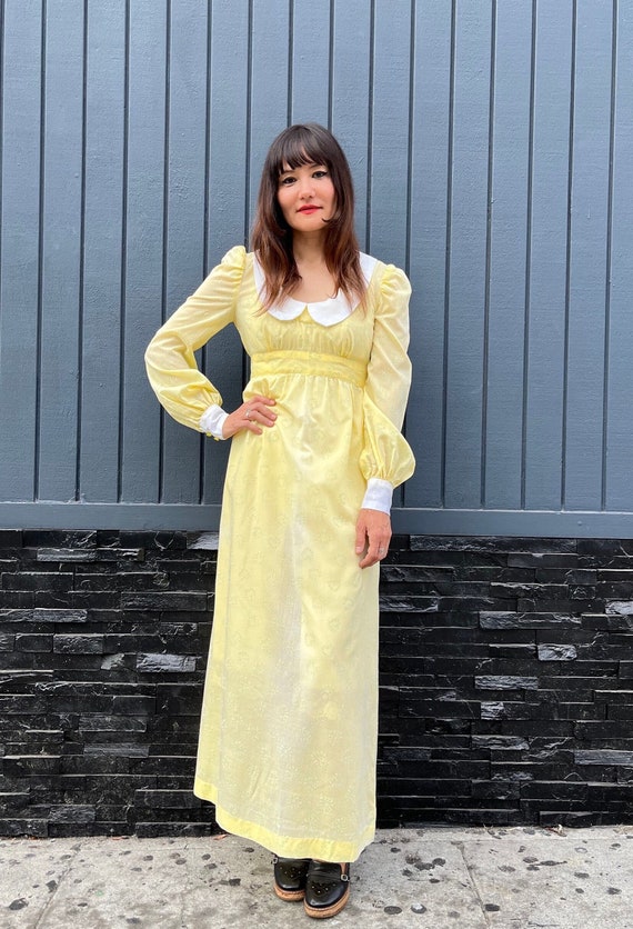 70s Flocked Yellow Peter Pan Collar Sheer Gown