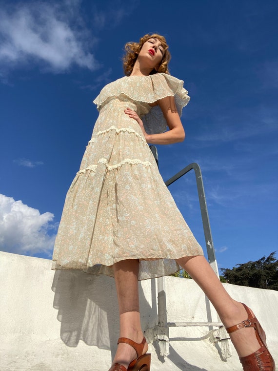 70s Candi Jones Off The Shoulder Prairie Dress