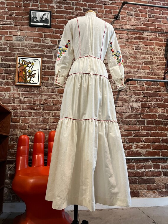 70s Raw Cotton Long Sleeve Embroidered Gown - image 9