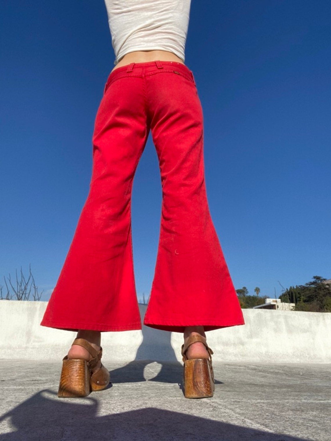 70s Red Denim Hip Huggers Flared Jeans by Maverick Etsy
