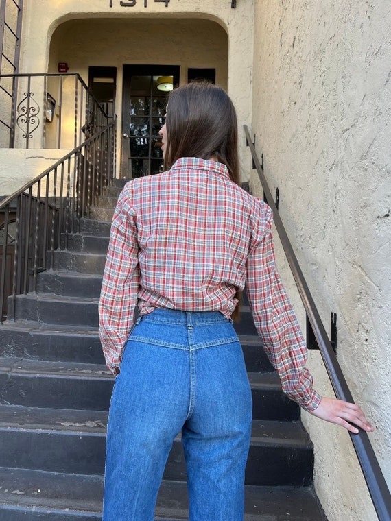 70s Red Plaid Metallic Long Sleeve Blouse - image 3