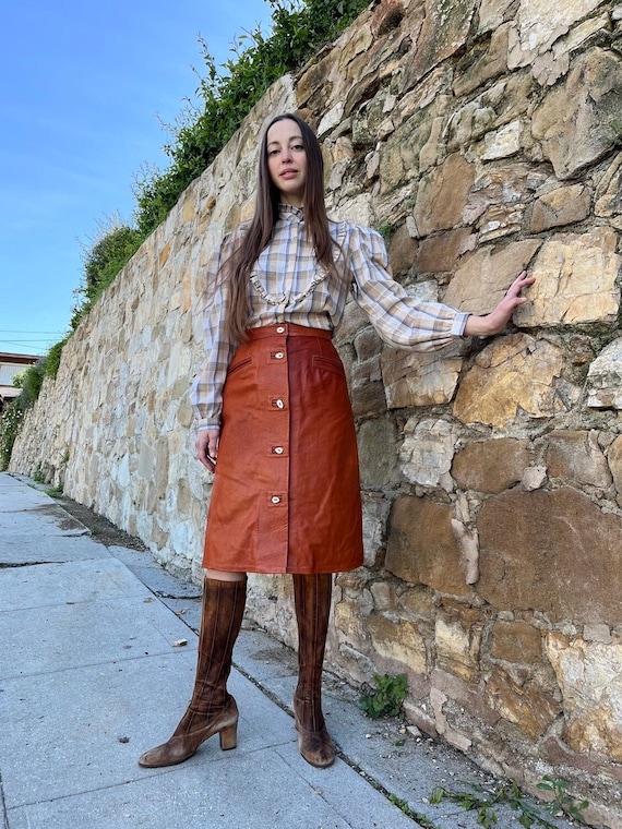 70s Burnt Orange Leather Skirt - Gem