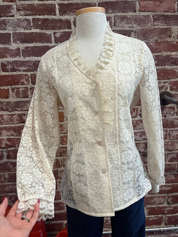 70s Sheer Lace Ivory Victorian Poet Sleeve Blouse - Gem
