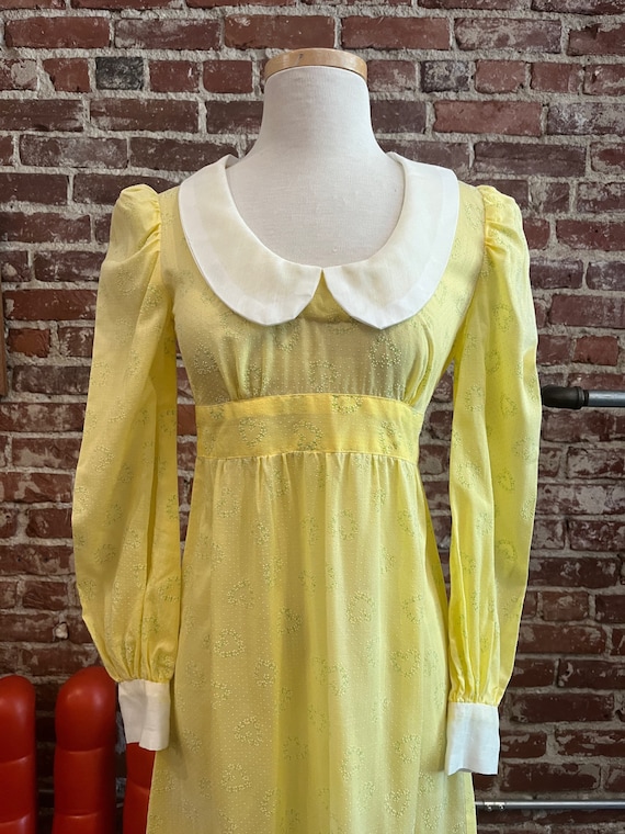70s Flocked Yellow Peter Pan Collar Sheer Gown - image 7