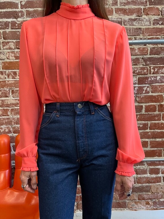 70s Coral Balloon Sleeve Victorian Blouse - image 2