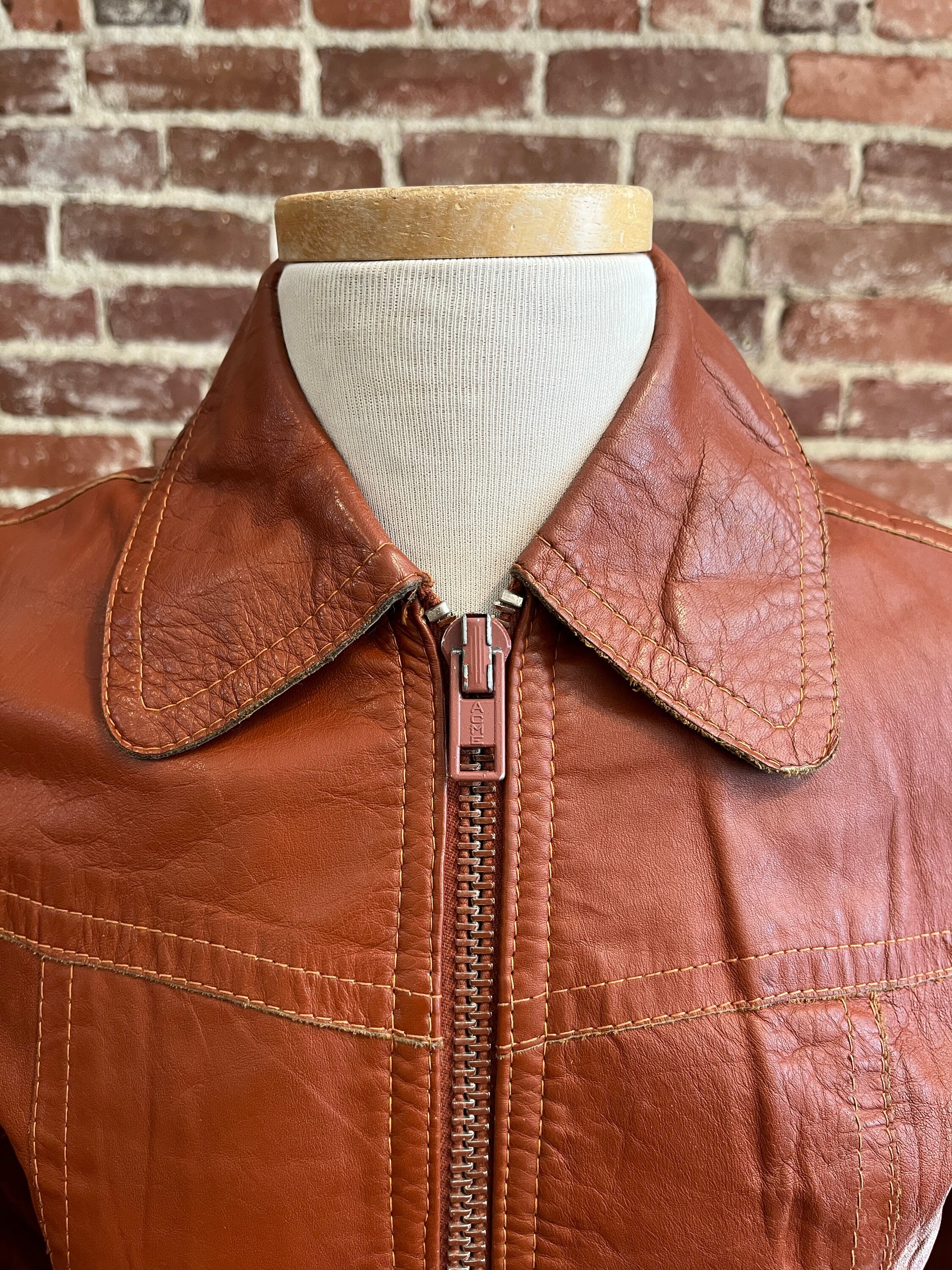 70s Rounded Collar Leather Zip up Jacket - Etsy