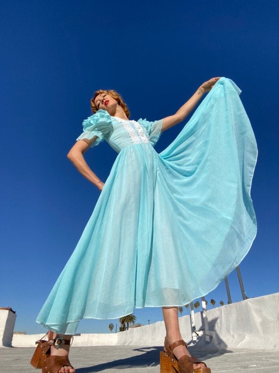 70s Aqua Gauze Cotton Ruffled Sleeve Dress
