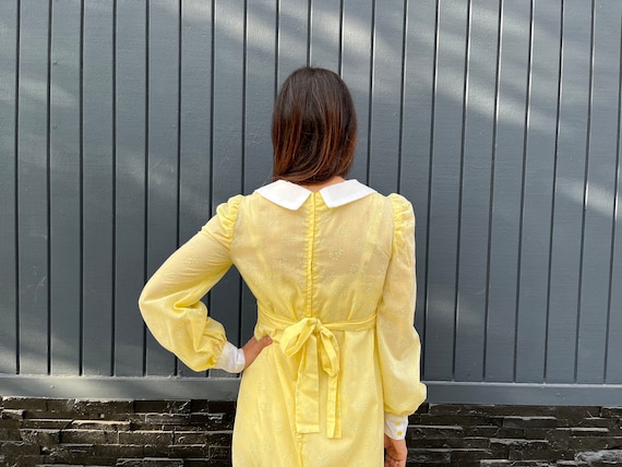 70s Flocked Yellow Peter Pan Collar Sheer Gown - image 6