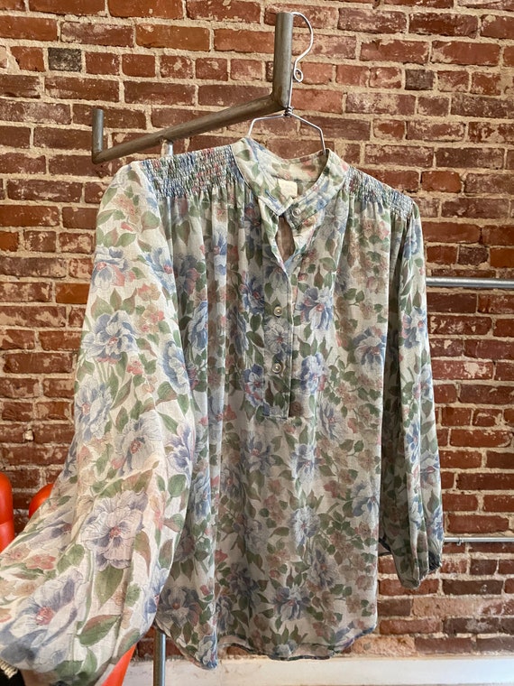 70s Sheer Gauze Cotton Nehru Neckline Floral Tunic