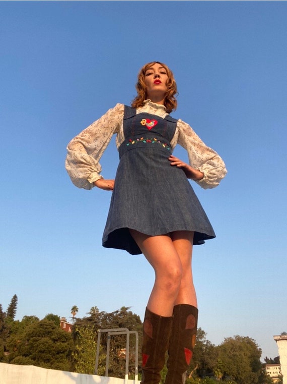70s Embroidered Denim A Line Jumper Mini Dress