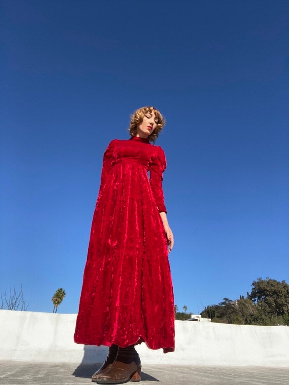 70s Crushed Red Velvet Victorian Gown
