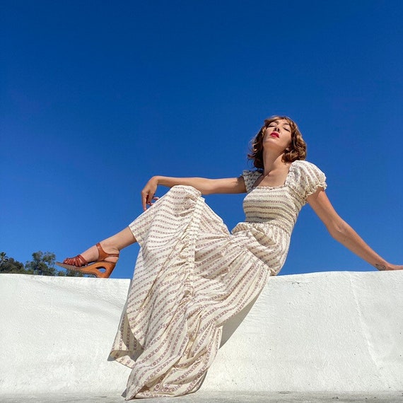 70s Ruched Cotton Gown with Puff Sleeves