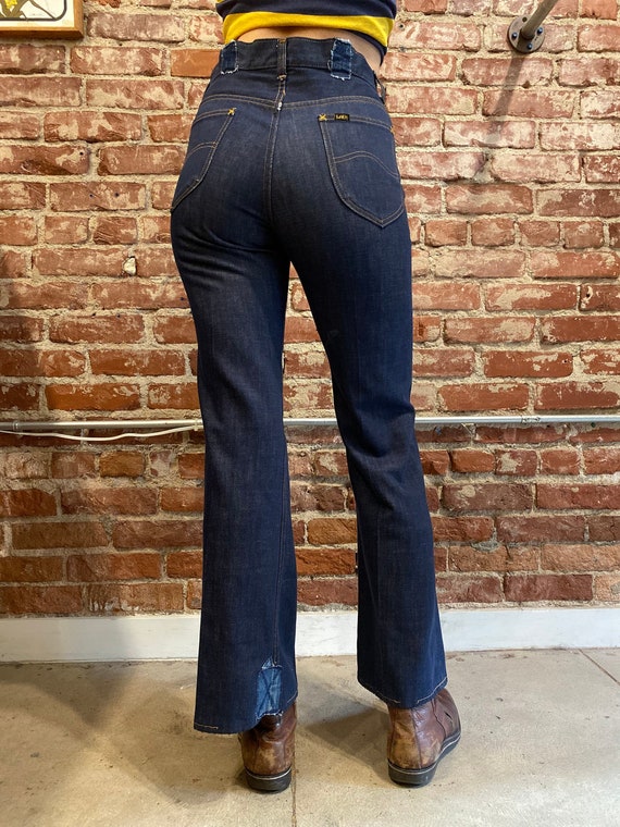 70s Dark Denim Patched High Waist Flares By Lee
