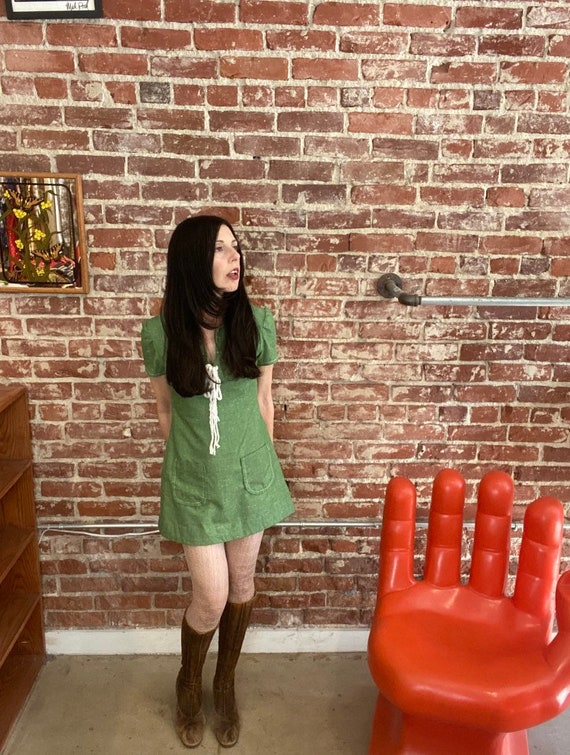 70s Corset Neckline Green Cotton Mini Dress Size P