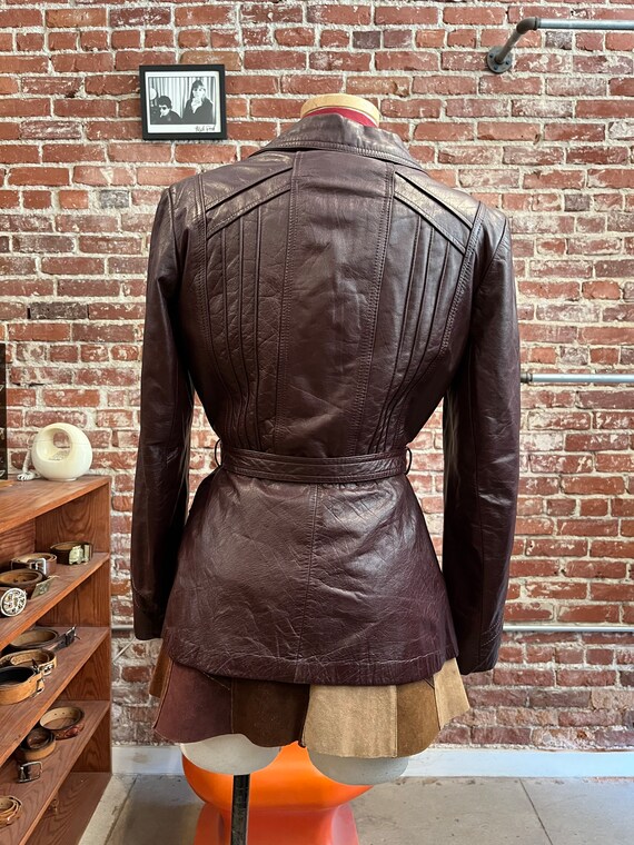 70s Oxblood Leather Belted Jacket with Removable … - image 6
