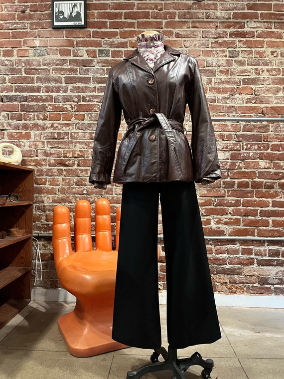 70s Dark Chocolate Leather Belted Jacket with Deta