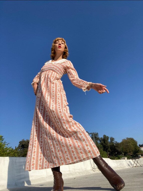 70s Ruched Cotton Peter Pan Collar Prairie Gown