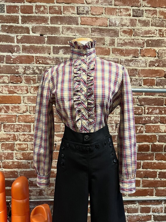 70s Plaid Ruffle Victorian Blouse