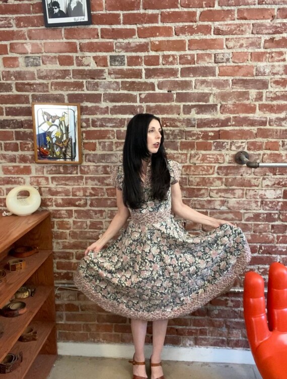 70s Black Floral Cotton Prairie Dress With Waist C