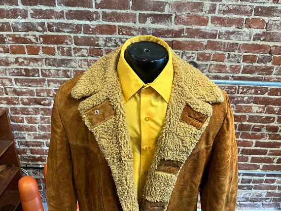 Mens 70s Caramel Suede and Shearling Sherpa Coat - image 2